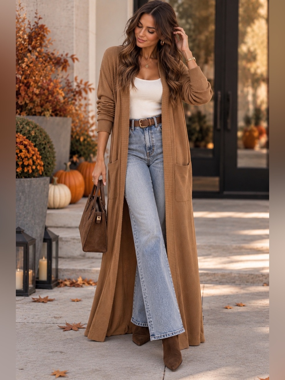 House of CB Size S Camel Brown Floor Length Open Front Duster Cardigan NWOT
